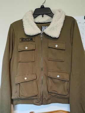 Volcom Olive Field Cropped Jacket with Cream Sherpa Collar
